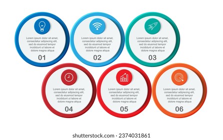 diseño de plantillas de infografía, concepto minimalista, círculos interconectados con 6 pasos, líneas y colores en cada paso, bueno para su presentación de negocios