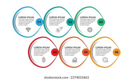 diseño de plantillas de infografía, concepto minimalista, círculos interconectados con 6 pasos, líneas y colores en cada paso, bueno para su presentación de negocios