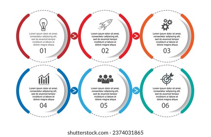 infographic template design, minimalist concept, interconnected circles with 6 steps, lines and colors in each step, good for your business presentation