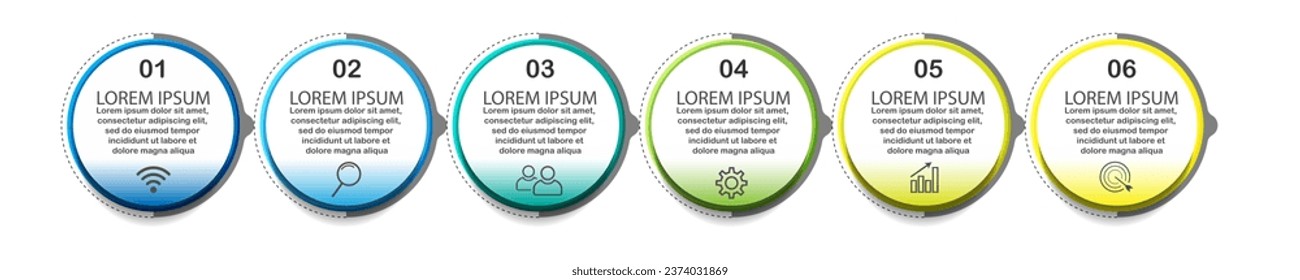infographic template design, minimalist concept, interconnected circles with 6 steps, lines and colors in each step, good for your business presentation