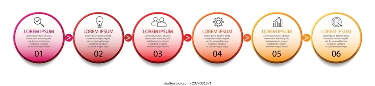 infographic template design, minimalist concept, interconnected circles with 6 steps, lines and colors in each step, good for your business presentation