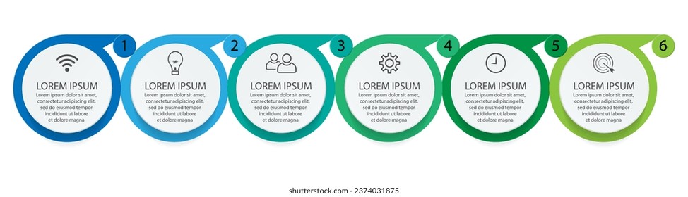 infographic template design, minimalist concept, interconnected circles with 6 steps, lines and colors in each step, good for your business presentation