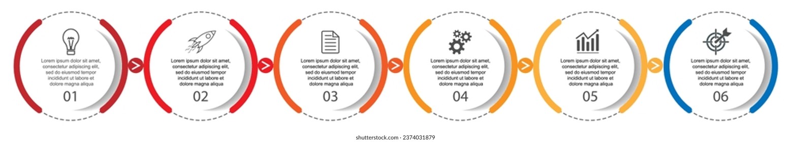 diseño de plantillas de infografía, concepto minimalista, círculos interconectados con 6 pasos, líneas y colores en cada paso, bueno para su presentación de negocios