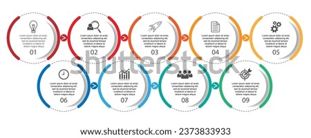 infographic template design, minimalist concept, interconnected circles with 9 steps, lines and colors in each step, good for your business presentation