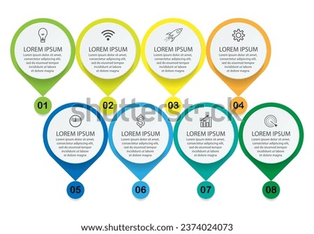 infographic template design, minimalist concept, interconnected circles with 8 steps, lines and colors in each step, good for your business presentation