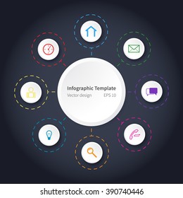 Infographic template design, various icons, dark background