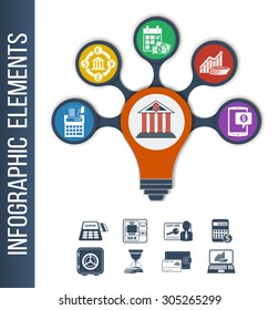 Infographic Template For Different Bank & Financial Services. Infographic Background With Integrated Icons For Currency Exchange, Incomings, Mobile Banking, Regular Payments, Loan Calculator. 