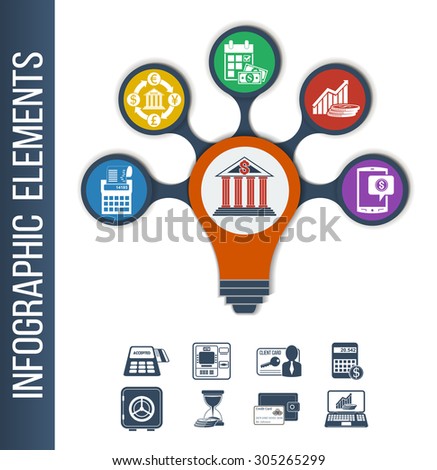 Infographic template for different bank & financial services. Infographic background with integrated icons for currency exchange, incomings, mobile banking, regular payments, loan calculator. 