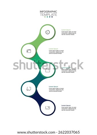 Infographic template displaying a winding vertical flow of five connected circles with a gradient from light green to dark blue. Vector illustration.