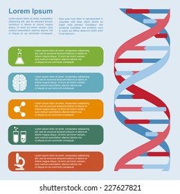 infographic template with DNA structure and icons, research, development, science and biotechnology concept