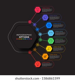 infographic template with eight hexagonal elements on black background. modern business process visualisation with thin line marketing icons. vector illustration easy to edit and customize. eps 10