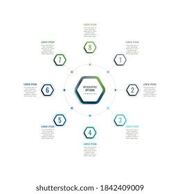 Infographic template with eight hexagonal elements and text boxes on a white background. Modern business process data visualization. Vector illustration easy to edit and customize. Eps 10