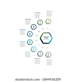 Infographic template with eight hexagonal elements and text boxes on a white background. Modern business process data visualization. Vector illustration easy to edit and customize. Eps 10