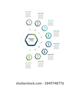 Infographic template with eight hexagonal elements and text boxes on a white background. Modern business process data visualization. Vector illustration easy to edit and customize. Eps 10