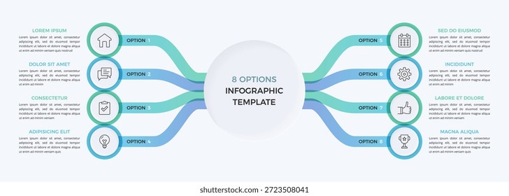 Infographic template with eight options connected to the central circle element