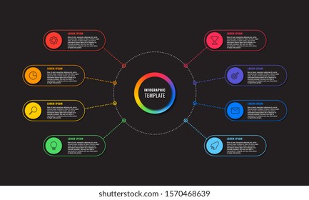 infographic template with eight round elements on black background. modern business process visualization with thin line marketing icons. vector illustration easy to edit and customize. eps 10