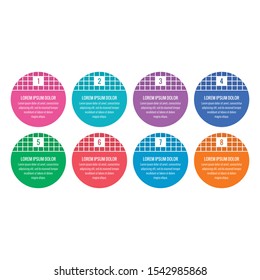Infographic template with eight steps grid. colorful round info template. round sticker design