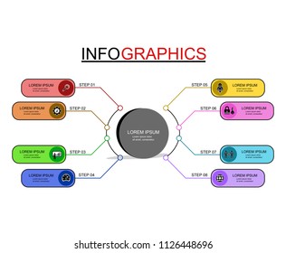 Infographic template with eight steps or options, workflow, process diagram, vector. Symbols, steps for successful business planning Suitable for advertising and presentations.
