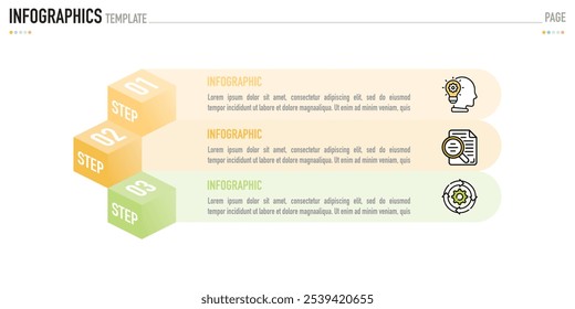 Modelo ou elemento infográfico com 3 passos, processo, opção, quadrado colorido 3D, retângulo, camada de caixa, pirâmide, funil, ícones no fundo branco para slide de venda, estilo simples moderno mínimo, origami