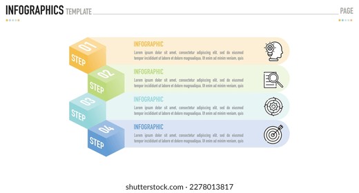 Plantilla o elemento infográfico con 4 pasos, proceso, opción, cuadrado 3D colorido, rectángulo, capa de caja, pirámide, embudo, iconos sobre fondo blanco para la venta diapositiva, estilo simple mínimo moderno, origami