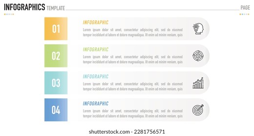 Infografische Vorlage oder Element mit 4 Schritten, Prozess, Option, Kugel, buntes Rechteck, Quadrat, Symbole, quadratisch, rechteckige für den Verkauf Folie, minimaler moderner einfacher Stil, Trichter, Ziel, Rundpapier Origami