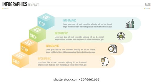 Infographic template or element with 4 step, process, option, colorful 3D square, rectangle, box layer, pyramid, funnel, icons on white background for sale slide, minimal modern simple style, origami