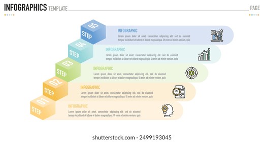 Infographic template or element with 5 step, process, option, colorful 3D square, rectangle, box layer, pyramid, funnel, icons on white background for sale slide, minimal modern simple style, origami