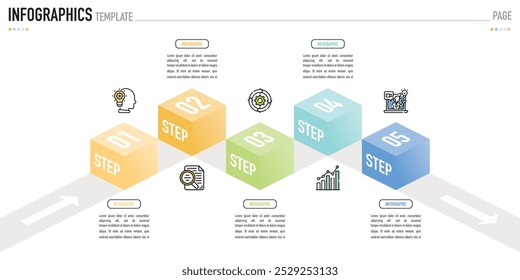 Infographic template or element with 5 step, process, option, colorful 3D square, rectangle, box layer, pyramid, funnel, icons on white background for sale slide, minimal modern simple style, origami