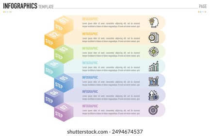 Infographic template or element with 7 step, process, option, colorful 3D square, rectangle, box layer, pyramid, funnel, icons on white background for sale slide, minimal modern simple style, origami