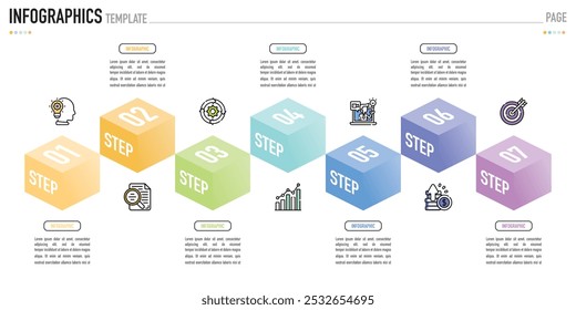 Infographic template or element with 7 step, process, option, colorful 3D square, rectangle, box layer, pyramid, funnel, icons on white background for sale slide, minimal modern simple style, origami