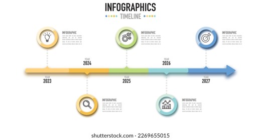 Infographic template or element for business presentation with 5 step or process each year from 2023 to 2027, simple, modern or minimal style, timeline diagram calendar, mind map, roadmap, colorful 