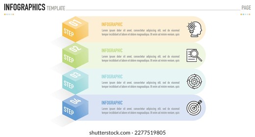 Infographic template or element as a vector with 4 step, process, option, colorful cube box square rectangle and icons on white background for sale slide, minimal modern simple style, funnel, origami 