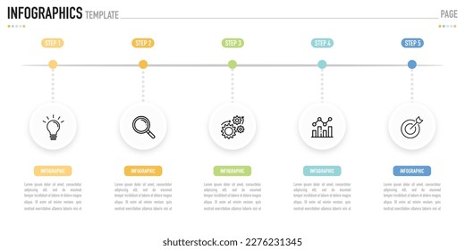 Infographic template or element as a vector with 5 step, process, option, colorful label, circle, circular and icons on white background for business, sale slide, minimal, simple, modern style to hang