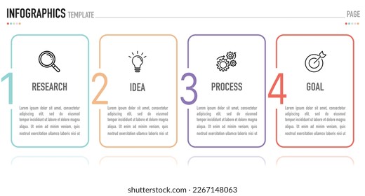 Infographic template or element as a vector including 4 step or process to goal or success, colorful label and icons on white background and shadow, simple and minimal style, for sale slide