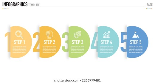 Infographic template or elements as a vector with 5 steps or process, colorful circle shape and icons for business work presentation and number label on white background, simple and minimal style