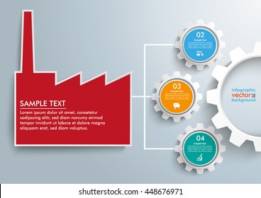 Infographic template with factory building and 3 gears on the gray background.