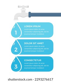 Infographic template with faucet and three water drops with numbers and text, vector eps10 illustration
