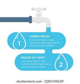 Infographic template with faucet and two water drops with numbers and text, vector eps10 illustration