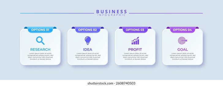 Infographic template featuring 4 steps with icons, designed for business concepts. Ideal for presentations, banners, workflow layouts, process diagrams, flowcharts, and data visualization.