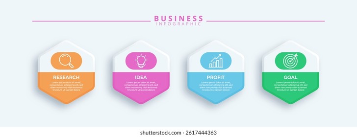 Infographic template featuring 4 steps with icons, designed for business concepts. Ideal for presentations, banners, workflow layouts, process diagrams, flowcharts, and data visualization.