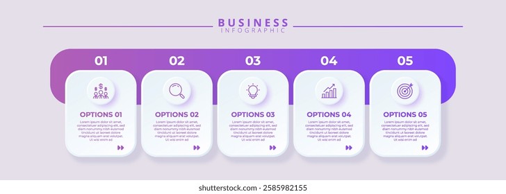 Infographic template featuring 5 steps with icons, designed for business concepts. Ideal for presentations, banners, workflow layouts, process diagrams, flowcharts, and data visualization.