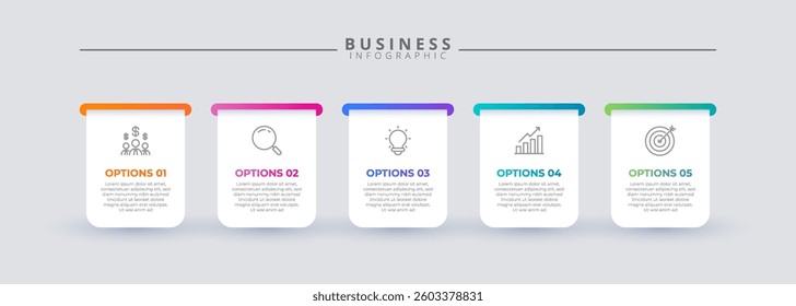 Infographic template featuring 5 steps with icons, designed for business concepts. Ideal for presentations, banners, workflow layouts, process diagrams, flowcharts, and data visualization.