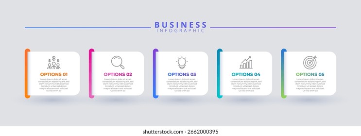 Plantilla de infografía con 5 pasos con iconos, diseñada para conceptos de negocio. Ideal para presentaciones, Anuncios, diseños de flujos de trabajo, diagramas de procesos, diagramas de flujo y visualización de datos.