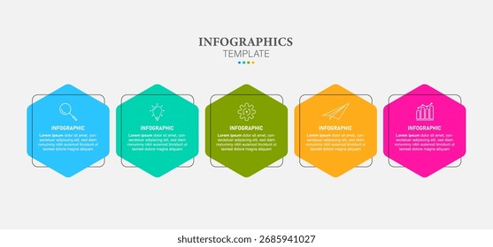 Infographic template featuring 5 steps with icons, designed for business concepts. Ideal for presentations, banners, workflow layouts, process diagrams, flowcharts, and data visualization.