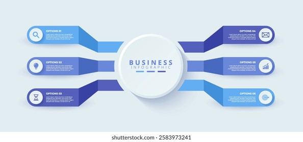 Infographic template featuring 6 steps with icons, designed for business concepts. Ideal for presentations, banners, workflow layouts, process diagrams, flowcharts, and data visualization.