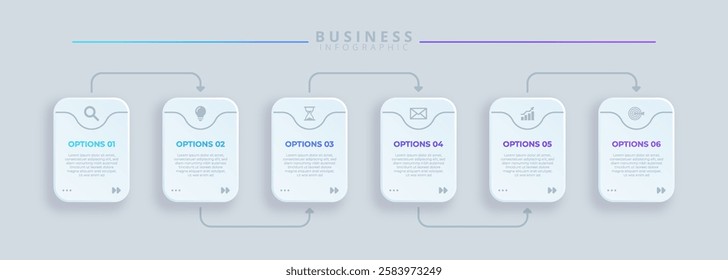 Infographic template featuring 6 steps with icons, designed for business concepts. Ideal for presentations, banners, workflow layouts, process diagrams, flowcharts, and data visualization.