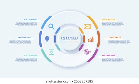 Infographic template featuring 6 steps with icons, designed for business concepts. Ideal for presentations, banners, workflow layouts, process diagrams, flowcharts, and data visualization.