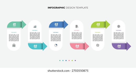 Plantilla de infografía con 6 pasos con iconos, diseñada para conceptos de negocio. Ideal para presentaciones, Anuncios, diseños de flujo de trabajo, diagramas de procesos, diagramas de flujo.