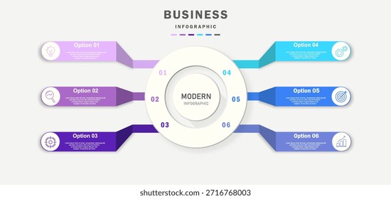 Modelo infográfico com 6 etapas com ícones, projetado para conceitos de negócios. Perfeito para apresentações, banners, layouts de fluxo de trabalho, diagramas de processo, fluxogramas, linhas do tempo e visualização de dados. Estilo moderno limpo, ilustração vetorial totalmente editável.