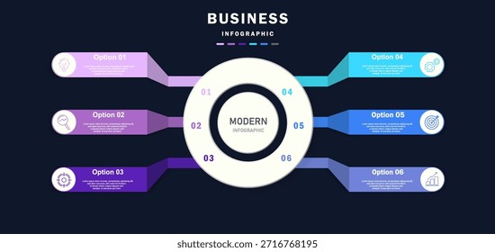 Plantilla de infografía con 6 pasos con iconos, diseñada para conceptos de negocio. Perfecto para presentaciones, Anuncios, diseños de flujos de trabajo, diagramas de procesos, diagramas de flujo, líneas de tiempo y visualización de datos. Estilo moderno limpio, Ilustración vectorial totalmente editable sobre fondo oscuro.